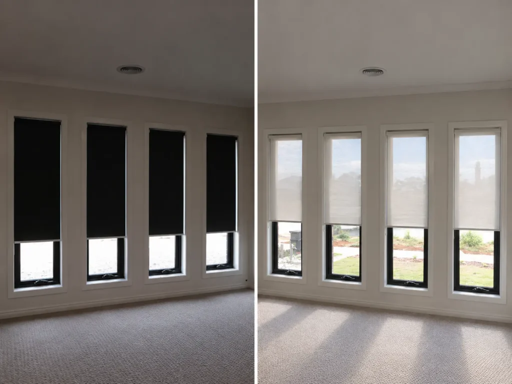 Blockout and light filtering roller blinds compared in a bright modern room